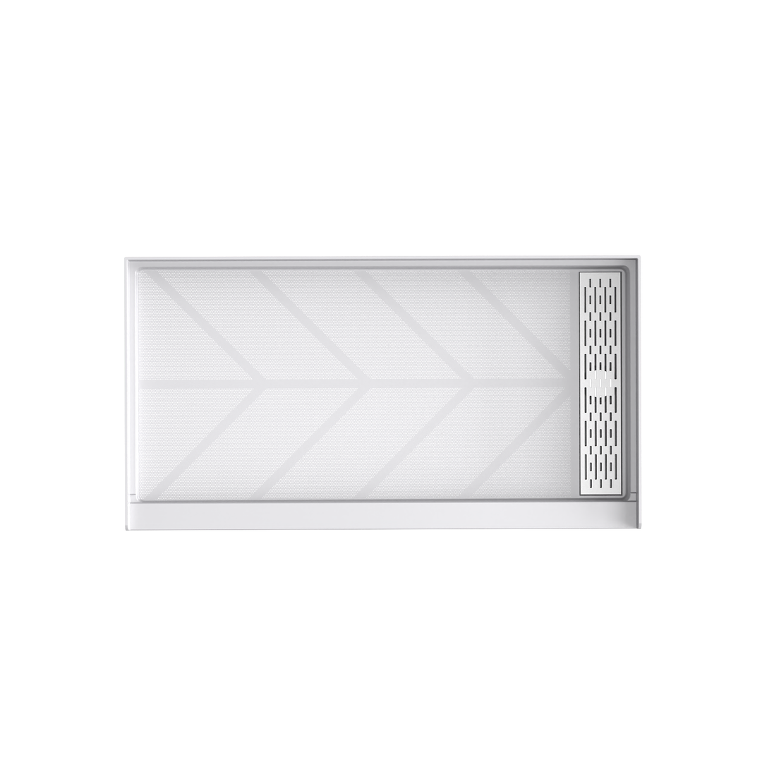 Top view of 60" x 32" SMC Shower Base with right Stainless Steel Linear Drain Cover, Glossy White Shower Pan Base in white background