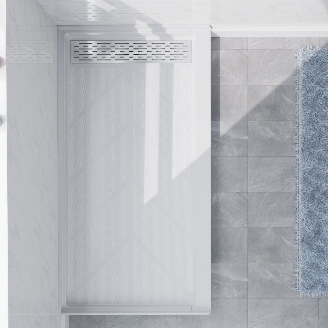 Top view of 60" x 32" SMC Shower Base with right Stainless Steel Linear Drain Cover, Glossy White Shower Pan Base in modern bathroom