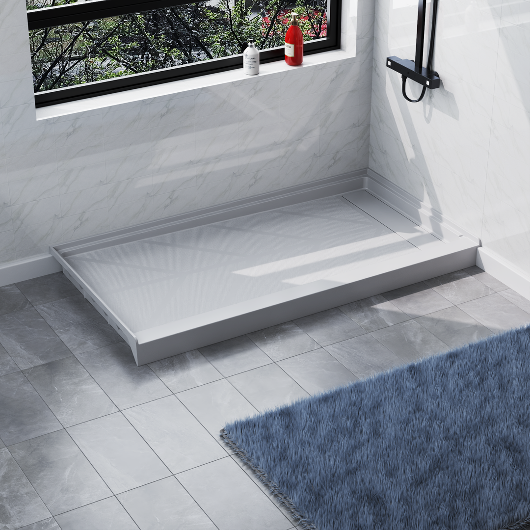 Angled view of 60'' x 32'' white SMC shower base with right linear drain and gloss finish, installed in modern bathroom with marble walls#right_white