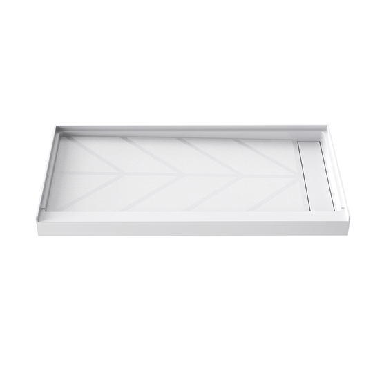 Side view of 60'' x 32'' white SMC shower base with right linear drain and gloss finish, white background#color_white#drain_right