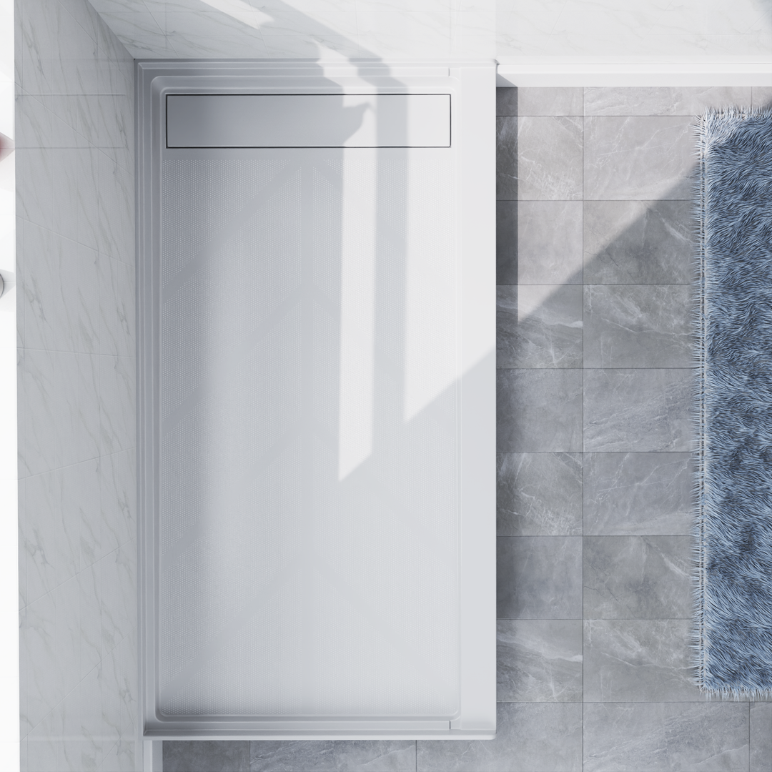 60'' x 32'' white SMC shower base with right linear drain and gloss finish, top view#color_white#drain_right